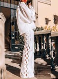 Fall Retro White Hollow Out Puff Sleeve Blouse and Match Pants Set