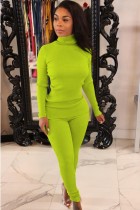 Fall Solid Light Green High Neck Slim Long Sleeve Top and Match Two Piece Pants Set