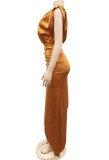 Fall Elegant Light Brown Sleeveless Ruched Split Irregular Party Dress