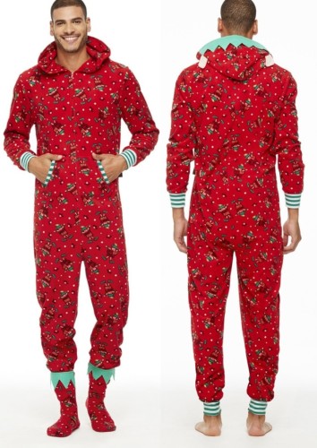 冬の赤いプリントフーディーファミリーパジャマオンジージャンプスーツ
