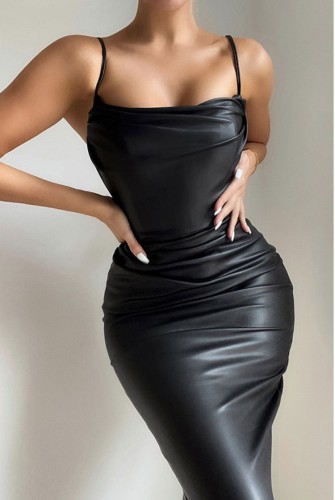 Fall Sexy Black Faux Leather Sling Slim Party Dress