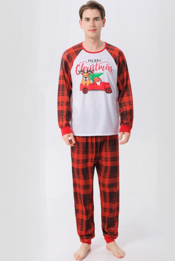 Winter Chirstmas Printed Red Plaid and White Patch Two Piece Family Daddy Pajama Set