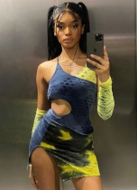 Fall Sexy Blue and Yellow Tie Dye Cut Out Straps Club Dress