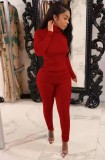 Fall Solid Red High Neck Slim Long Sleeve Top and Match Two Piece Pants Set