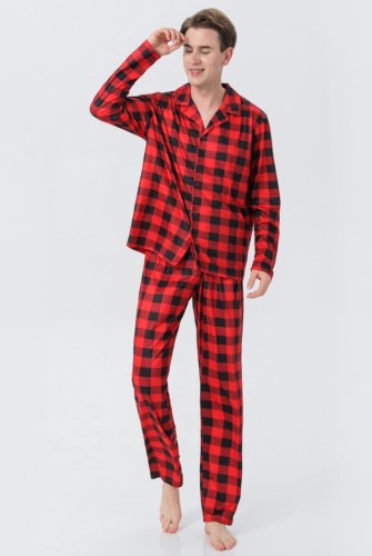 Conjunto de pijama familiar de duas peças xadrez vermelho de inverno