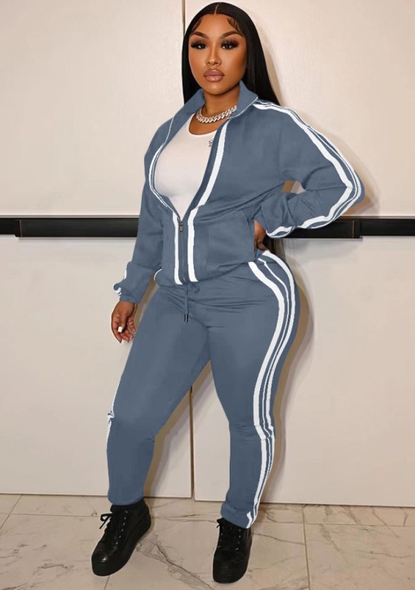 Winter Casual Gray Size Stripes Zipper Two Piece Tracksuits