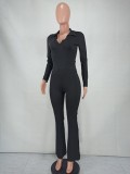 Fall Solid Black V-neck Turndown Collar Knitted Top and Match Two Piece Pants Set