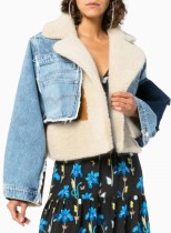 Winter Casual Blue Turndown Collar Fleece Patch Denim Jacket