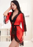 Sexy Chemise Red Lace Patch Nightgown Robe with Panty