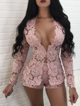 Fall Sexy White Lace Hollow Out Long Sleeve Cardigan and Match Shorts Set