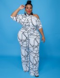 Fall Plus Size White Printed Open Shoulder Jumpsuit with Belt