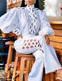 Conjunto de blusa e calça combinada outono retro branco oco para fora