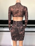 Winter Sexy Black Snake Printed high Neck Cutout Bodycon Dress
