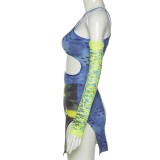Fall Sexy Blue and Yellow Tie Dye Cut Out Straps Club Dress