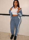 Winter Casual Gray Size Stripes Zipper Two Piece Tracksuits