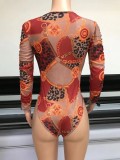 Fall Sexy Retro Printed See Through Long Sleeve Mesh Bodysuit