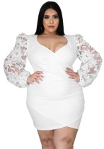 Fall Plus Size White Floral Applique Puff Sleeve V-neck Bodycon Dress