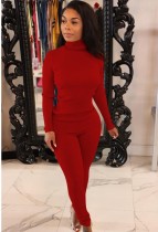 Fall Solid Red High Neck Slim Long Sleeve Top and Match Two Piece Pants Set