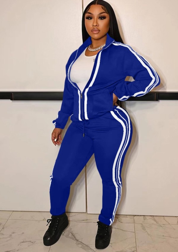 Winter Casual Blue Size Stripes Zipper Two Piece Tracksuits