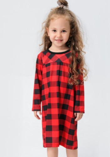 Kışlık Kırmızı Ekoseli Aile Gril's Pijama Elbise
