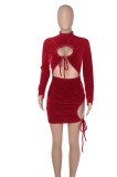 Winter Sexy Red Velvet Round Neck Drawstring Keyhole Club Dress