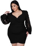 Fall Plus Size Black Floral Applique Puff Sleeve V-neck Bodycon Dress