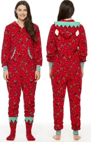 冬の赤いプリントフーディーファミリーマザーパジャマジャンプスーツ
