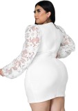 Fall Plus Size White Floral Applique Puff Sleeve V-neck Bodycon Dress