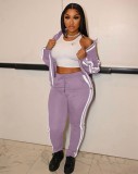 Winter Casual Purple Size Stripes Zipper Two Piece Tracksuits