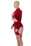 Winter Sexy Red Velvet Round Neck Drawstring Keyhole Club Dress