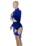 Winter Sexy Blue Velvet Round Neck Drawstring Keyhole Club Dress
