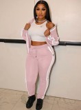 Winter Casual Pink Size Stripes Zipper Two Piece Tracksuits