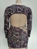 Fall Plus Size Snake Printed Back Cutout U-Neck Bodycon Dress