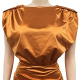 Fall Elegant Light Brown Sleeveless Ruched Split Irregular Party Dress