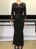 Winter Elegant Black See Through Sequins Lace Patch Long Sleeve Split Evening Dress