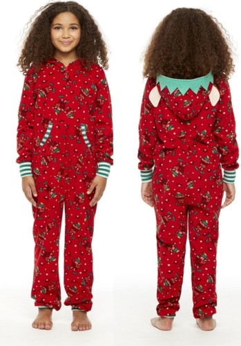 冬の赤いプリントフーディーファミリーキッズパジャマジャンプスーツ