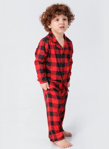 Conjunto de pijama de menino familiar de xadrez vermelho inverno duas peças