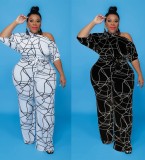 Fall Plus Size White Printed Open Shoulder Jumpsuit with Belt