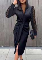 Fall Sexy Black Lace V Neck Collar Long Sleeve Midi Dress
