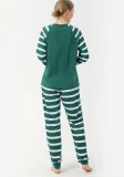 Christmas Women Green Stripe Print Long Sleeve Top And Print Pant Pajama Two Piece Set