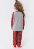 Christmas Children Grey Contrast Plaid Long Sleeve Top And Print Pant Pajama Two Piece Set