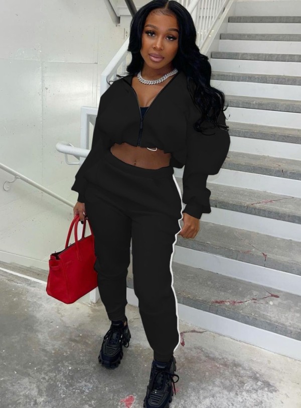 Winter Casual Black Zipper Puffed Long Sleeve Crop Top And Pant Two Piece Set