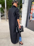 Güz Günlük Siyah Solid Turn Down Yaka Uzun Kollu Uzun Gömlek Elbise