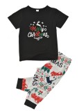 Christmas Children Black Print Short Sleeve Top And Print Pant Pajama Two Piece Set
