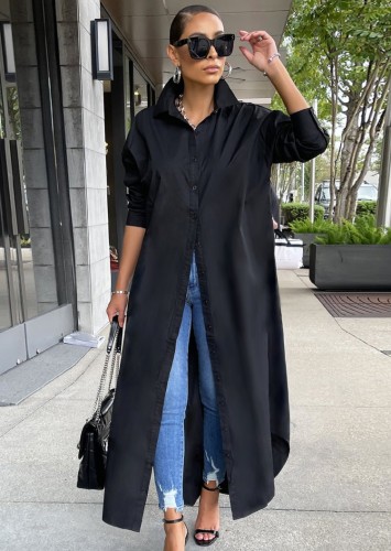 Güz Günlük Siyah Solid Turn Down Yaka Uzun Kollu Uzun Gömlek Elbise