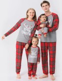 Christmas Women Grey Contrast Plaid Long Sleeve Top And Print Pant Pajama Two Piece Set