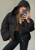 Winter Casual Black Button With Hood Padding Jacket