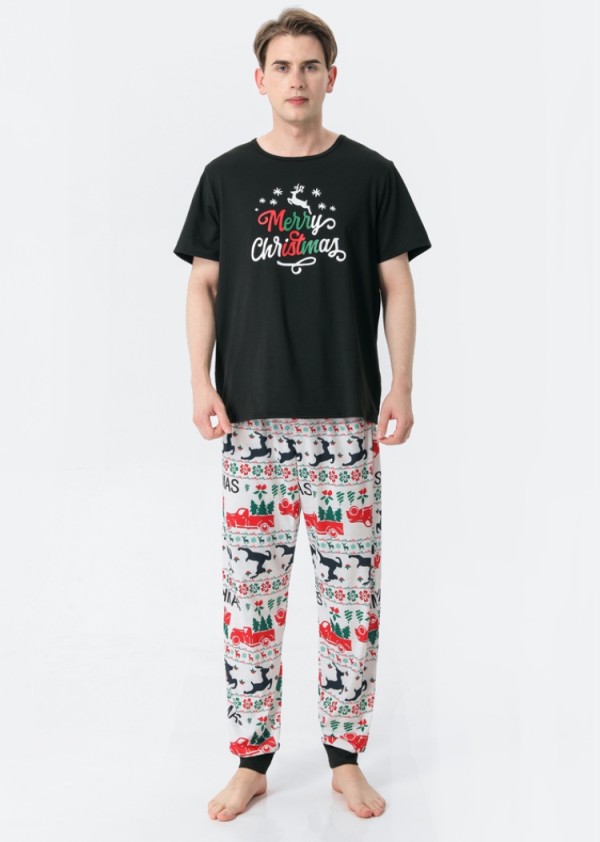 Christmas Men Black Print Short Sleeve Top And Print Pant Pajama Two Piece Set