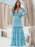 Fall Elegant Blue V Neck Long Sleeve Long Dress