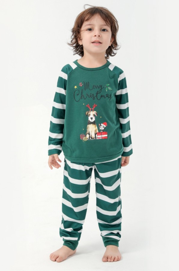 Christmas Children Green Stripe Print Long Sleeve Top And Print Pant Pajama Two Piece Set